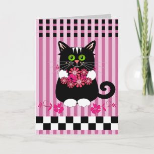 Niedliche Geburtstag-Karte mit Katze, die Blume bi Karte
