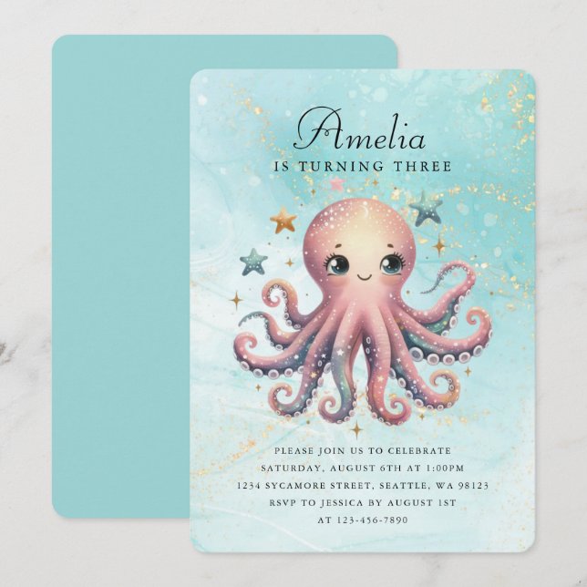 Niedliche Geburtstag Octopus Einladung (Vorne/Hinten)