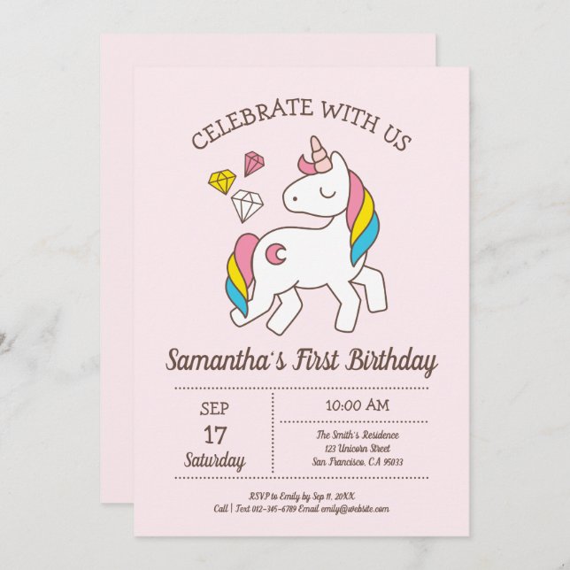Niedliche Geburtstag Rainbow Unicorn Einladung (Vorne/Hinten)