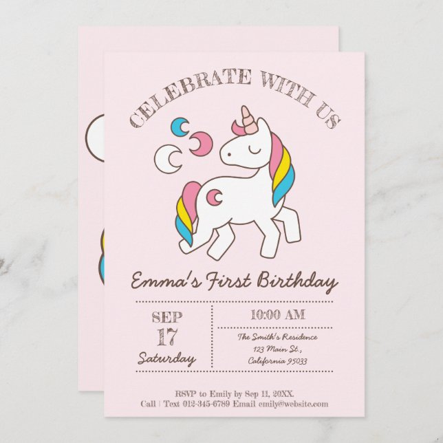 Niedliche Geburtstag Rainbow Unicorn Einladung (Vorne/Hinten)