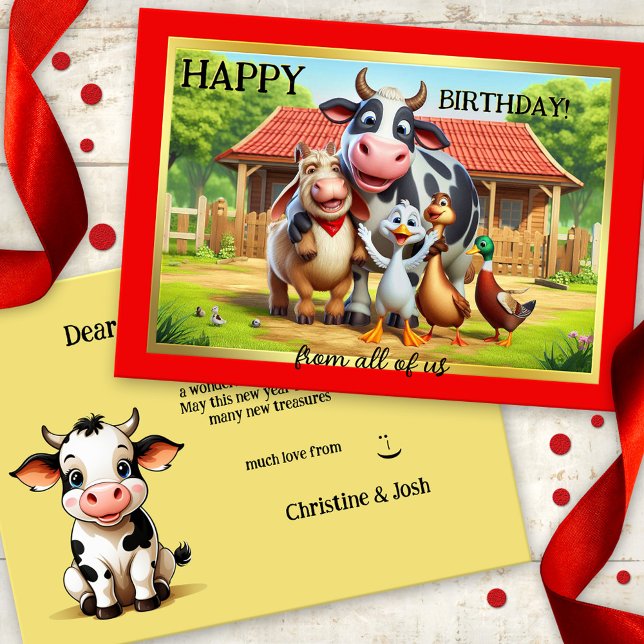 Niedliche Geburtstag von lustigen Landtieren Karte (Birthday card featuring a colorful cute image of a gathering of farm animals)