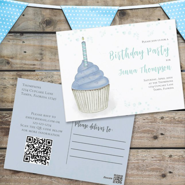 Niedliche Geburtstag Whimsical Blue Cupcake QR-Cod Postkarte (Von Creator hochgeladen)