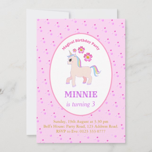 Niedliche Geburtstagsparty von Unicorn Einladung (Vorderseite)