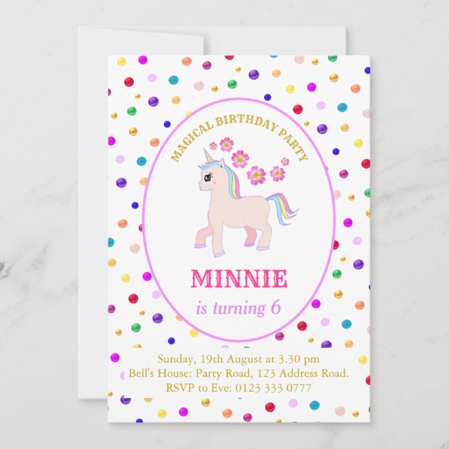 Niedliche Geburtstagsparty von Unicorn Einladung (Vorderseite)
