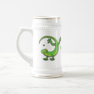 Niedliche Geckogrün-Grüße mit Bug-Cartoon Bierglas