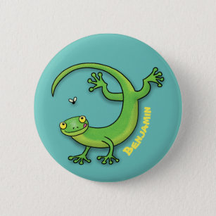 Niedliche Geckogrün-Grüße mit Bug-Cartoon Button