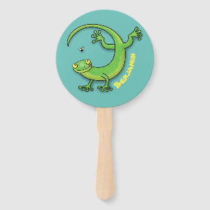 Niedliche Geckogrün-Grüße mit Bug-Cartoon Fächer