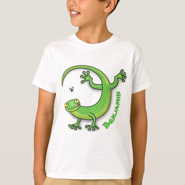 Niedliche Geckogrün-Grüße mit Bug-Cartoon T-Shirt (Vorderseite)