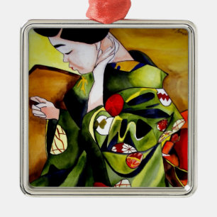 Niedliche Geisha mit grüner Kimono-Originalkunst Ornament Aus Metall