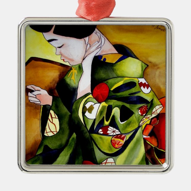 Niedliche Geisha mit grüner Kimono-Originalkunst Ornament Aus Metall (Vorne)