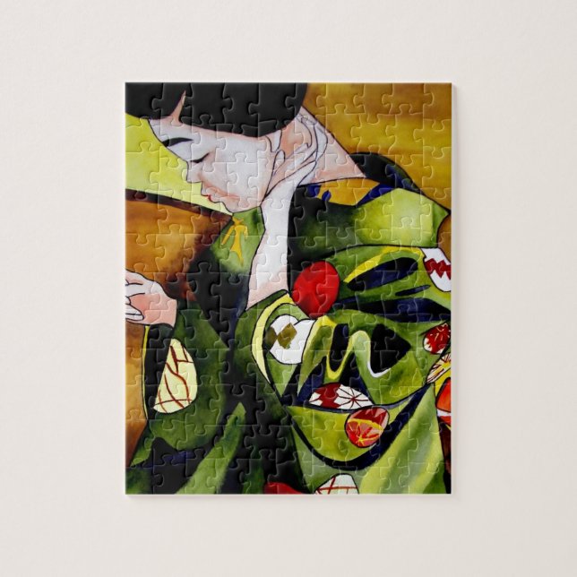 Niedliche Geisha mit grüner Kimono-Originalkunst Puzzle (Vertikal)