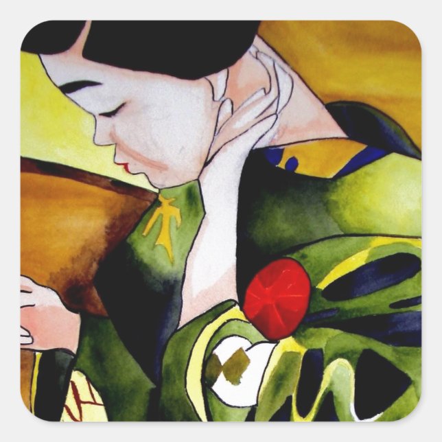 Niedliche Geisha mit grüner Kimono-Originalkunst Quadratischer Aufkleber (Vorderseite)