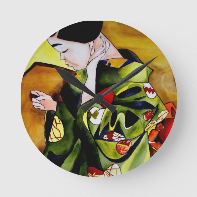 Niedliche Geisha mit grüner Kimono-Originalkunst Runde Wanduhr (Vorderseite)