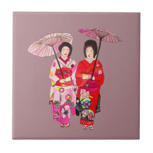 niedliche Geisha mit rosa Kimono Fliese