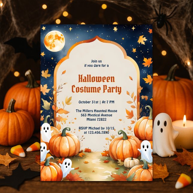 Niedliche Geister Kids Halloween Kostüm Party Einladung (Cute Ghosts & Pumpkins Kids Halloween Costume Party Invitation Full Moon Spooky Cute Fall Design)