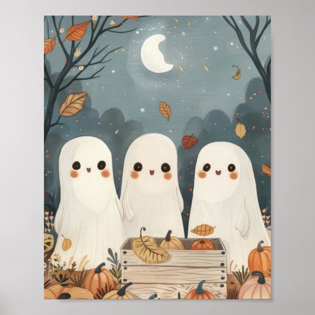 Niedliche Geister & Pumpkins Whimsisches Halloween Poster (Vorne)