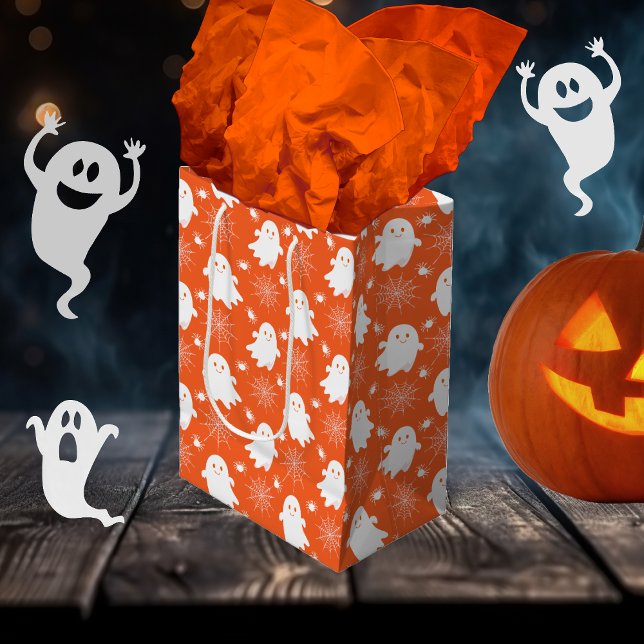 Niedliche Geister | Spinnen | Spider Webs Hallowee Mittlere Geschenktüte (Cute Ghosts | Spiders | Spider Webs Halloween Orange and White Gift Bag)