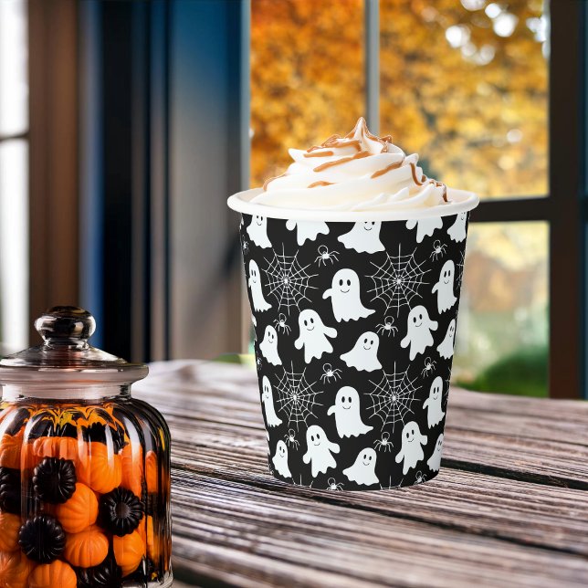 Niedliche Geister | Spinnen | Spider Webs Hallowee Pappbecher (Cute Ghosts, Spiders and Spider Webs Halloween Black and White Patterned Paper Cups)