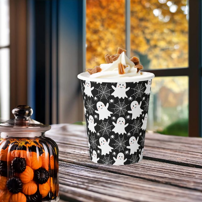 Niedliche Geister | Spinnen | Spider Webs Hallowee Pappbecher (Cute Ghosts, Spiders and Spider Webs Halloween Black and White Patterned Paper Cups)