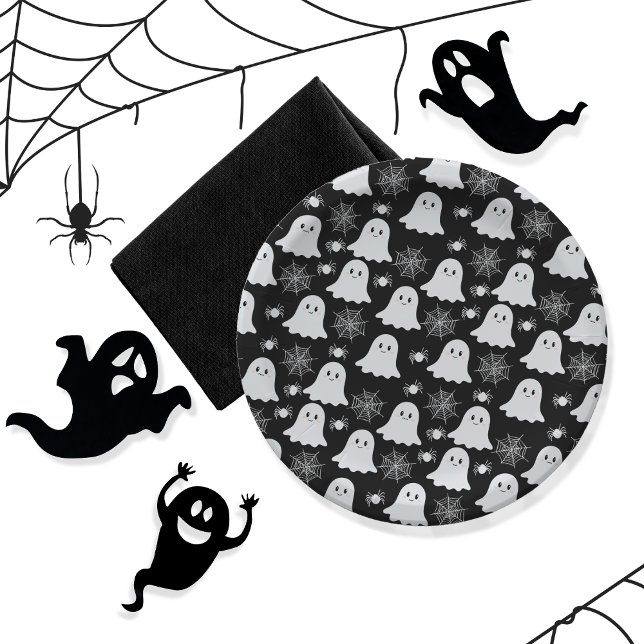 Niedliche Geister | Spinnen | Spider Webs Hallowee Pappteller (Cute Ghosts, Spiders and Spider Webs Halloween Black and White Patterned Party Paper Plates)