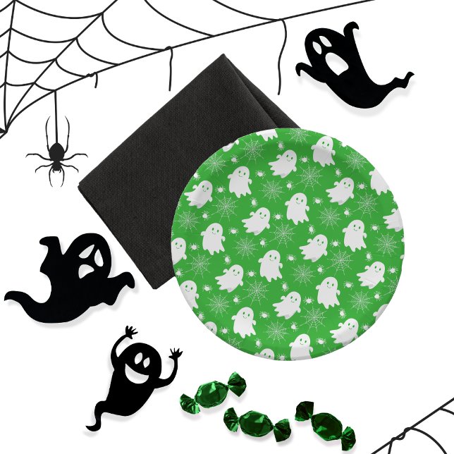 Niedliche Geister | Spinnen | Spider Webs Hallowee Pappteller (Cute Ghosts, Spiders and Spider Webs Halloween Green and White Patterned Paper Plates)