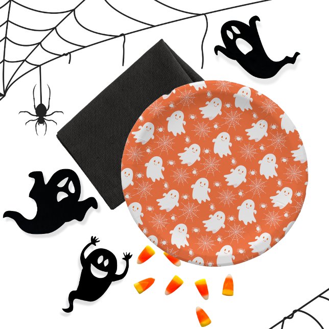Niedliche Geister | Spinnen | Spider Webs Hallowee Pappteller (Cute Ghosts, Spiders and Spider Webs Halloween Orange and White Patterned Paper Plates)