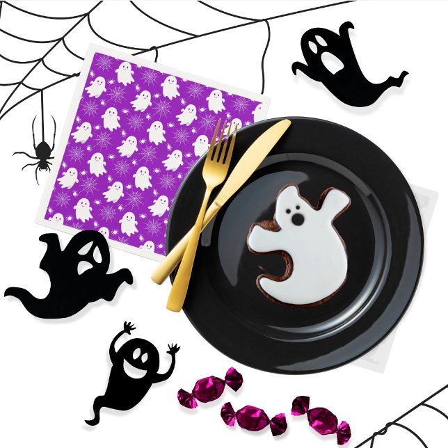 Niedliche Geister | Spinnen | Spider Webs Hallowee Serviette (Cute Ghosts, Spiders and Spider Webs Halloween Purple and White Patterned Napkins)