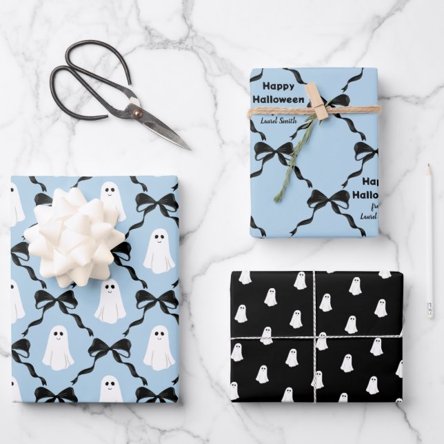 Niedliche Geister und Coquette Bows Halloween Blau Geschenkpapier Set (Vorderseite)