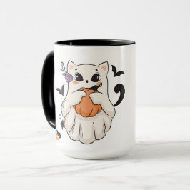Niedliche Geisterkatze mit Pumpkin | Spooky Hallow Tasse