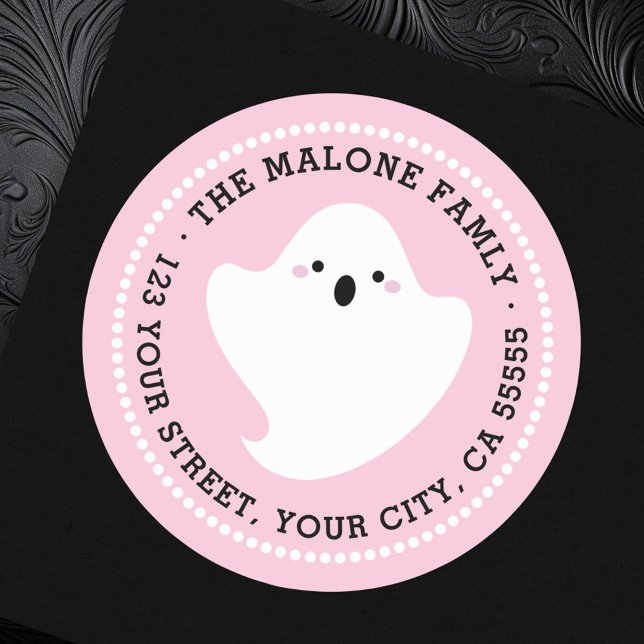 Niedliche Geisterrosa Halloween-Rücksendeadresse Runder Aufkleber (Cute ghost pink Halloween return address Classic Round Sticker)