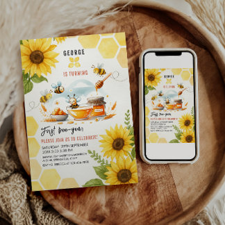 Niedliche Gelbe Biene & Sonnenblume 1. Geburtstag  Einladung