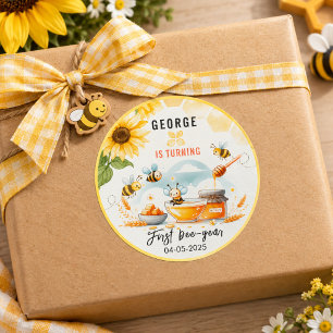 Niedliche Gelbe Biene & Sonnenblume 1. Geburtstag Runder Aufkleber