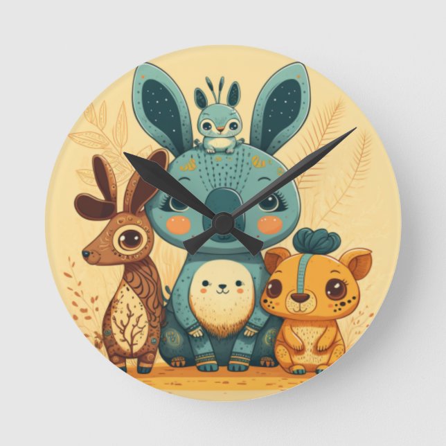 Niedliche gelbe Cartoon Tiere Rundkissen Runde Wanduhr (Vorderseite)