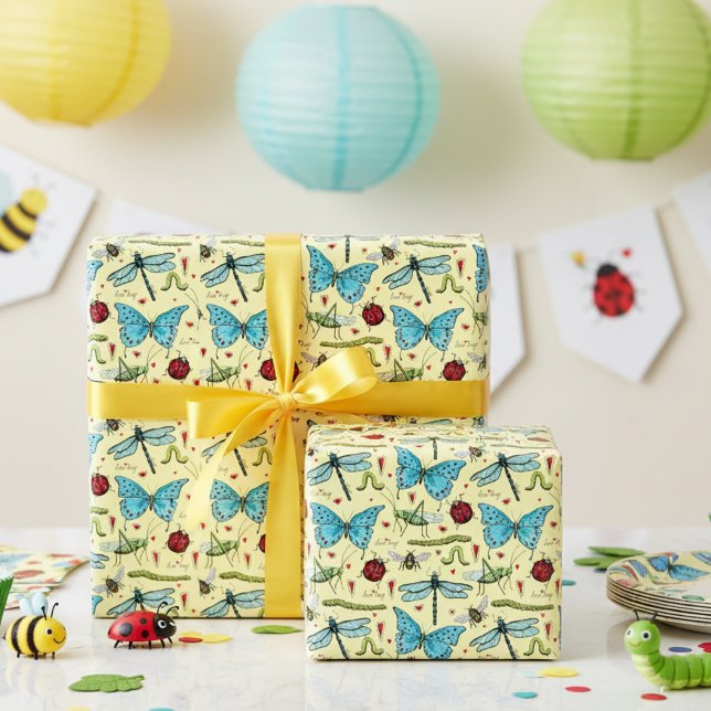 Niedliche Gelbe Liebe Bug Insekten für Bug Liebhab Geschenkpapier (Cute Bugs Insects Wrapping Paper for Kids in Yellow. Butterflies, Dragonflies, Ladybugs, Bees, Worms)