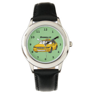 Niedliche Gelbe Taxifahrt Cartoon Illustration Armbanduhr