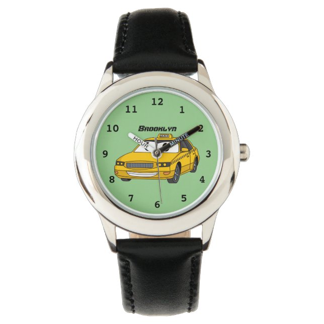Niedliche Gelbe Taxifahrt Cartoon Illustration Armbanduhr (Vorderseite)