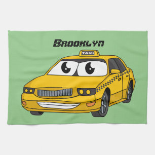Niedliche Gelbe Taxifahrt Cartoon Illustration Geschirrtuch