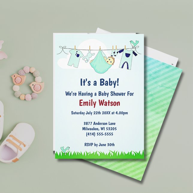 Niedliche Gender Neutral Clothesline Boho Babydusc Einladung (Cute Gender Neutral Clothesline Boho Baby Shower Invitation)