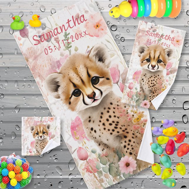 Niedliche Geparden Cub Pastel Aquarellfarben Blume Badhandtuch Set (Von Creator hochgeladen)