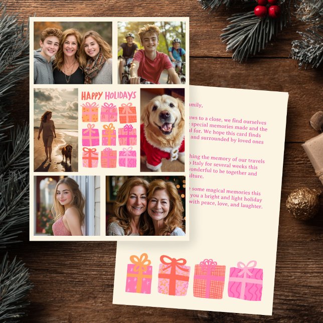 Niedliche Geschenke präsentiert handGezeichnet CUS Feiertagskarte (Cute Gifts Presents Hand-Drawn CUSTOM 6 PHOTO Pink Christmas Holiday Card
)