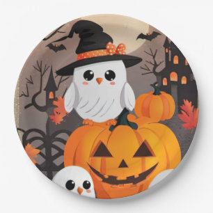 Niedliche Ghost Owls & Pumpkins Spooky Halloween Pappteller
