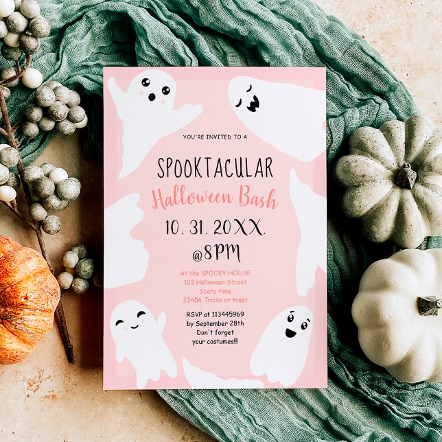 Niedliche Ghosts pastellrosa Halloween-Bash Einladung (Cute white ghosts pastel pink Halloween bash Invitation)