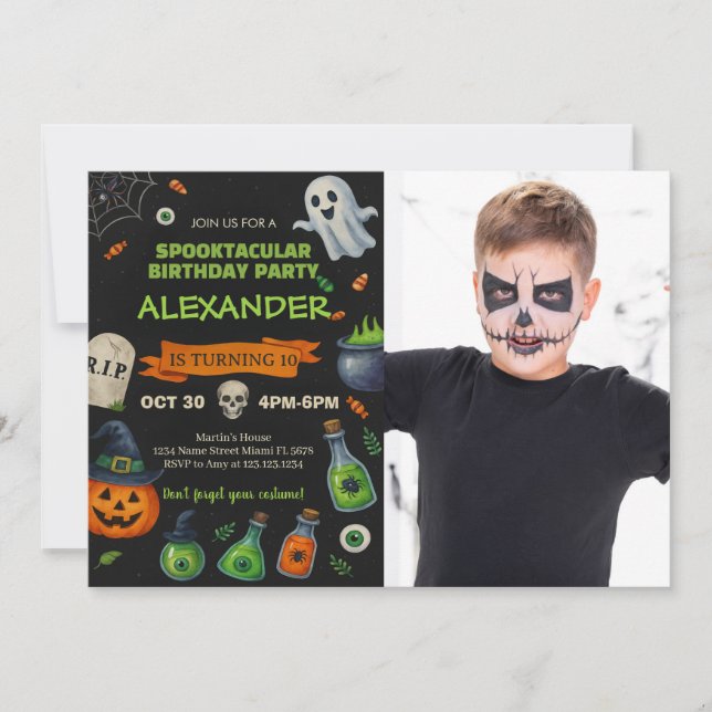 Niedliche Ghosts & Pumpkins mit Foto Einladung (Vorderseite)