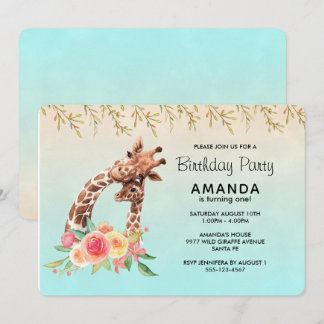 Niedliche Giraffe Aquarell Mama & Baby Geburtstag Einladung