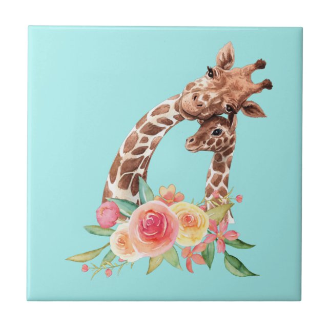 Niedliche Giraffe Aquarell Mama & Baby Keramik Til Fliese (Vorderseite)