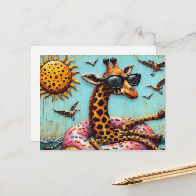 Niedliche Giraffe auf der Vogelfliege im Donut-Sch Postkarte (Vorderseite/Rückseite Beispiel)
