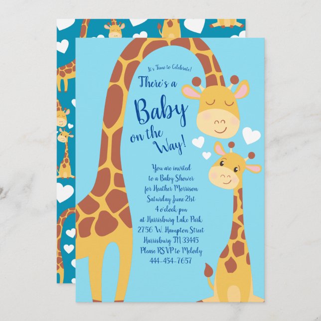 Niedliche Giraffe Baby Shower Blue Boy Einladung (Vorne/Hinten)