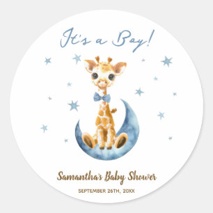 Niedliche Giraffe Baby Shower Gevor Danke Blue Boy Runder Aufkleber