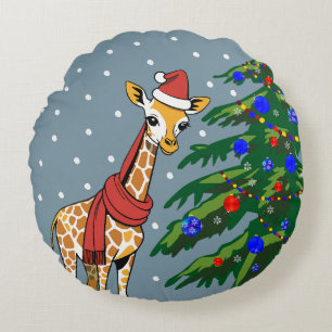 Niedliche Giraffe Beanie und Scarf mit Christbaum Rundes Kissen