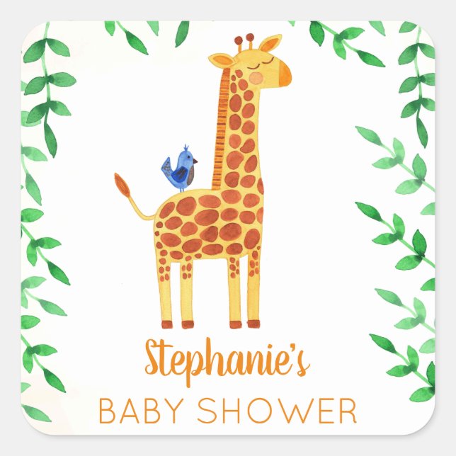 Niedliche Giraffe & Bird Baby Dusche Quadratischer Aufkleber (Vorderseite)